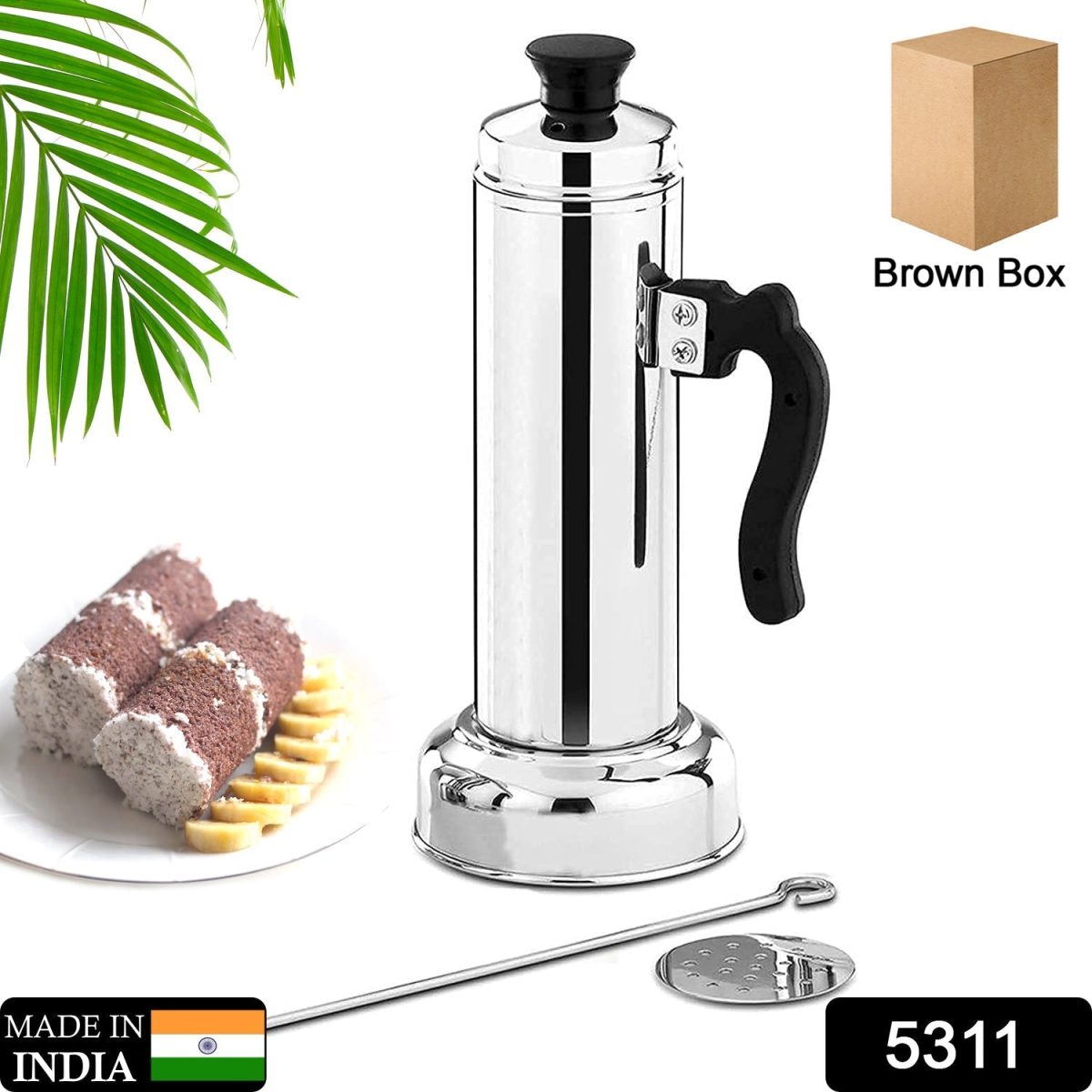 5311 Puttu Maker with Steamer Plate, Metal Stick, Black Plastic Handle, Silver Lid,  Puttu Maker Set  To Use with Pressure Cooker Top, Food Grade Stainless Steel