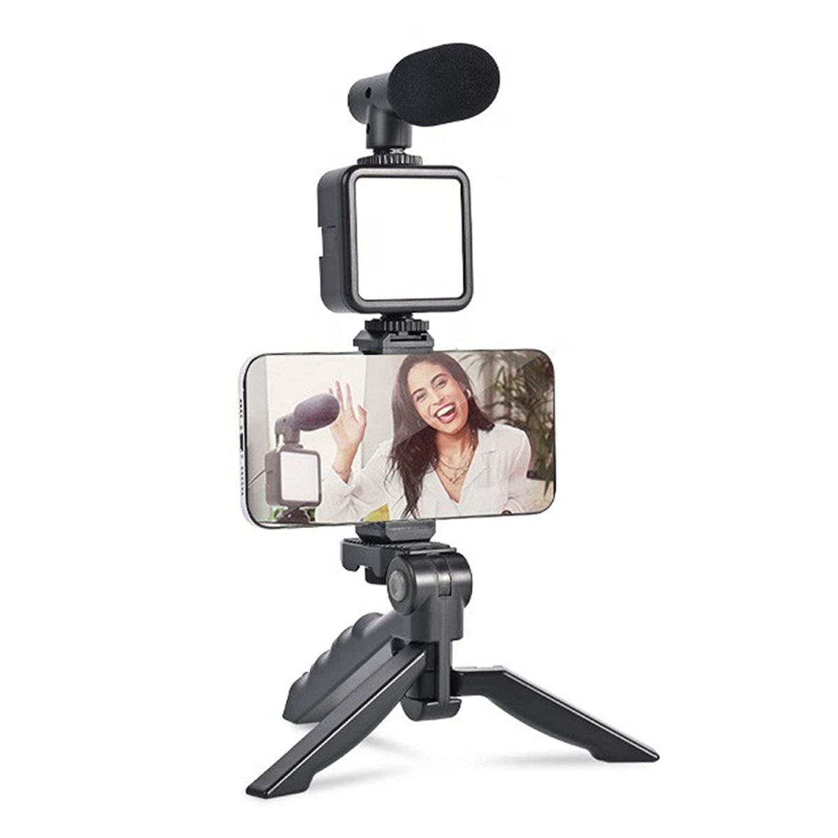 6054 Vlogging Kit for Video Making with Mic Mini Tripod Stand, LED Light & Phone Holder Clip for Making Videos