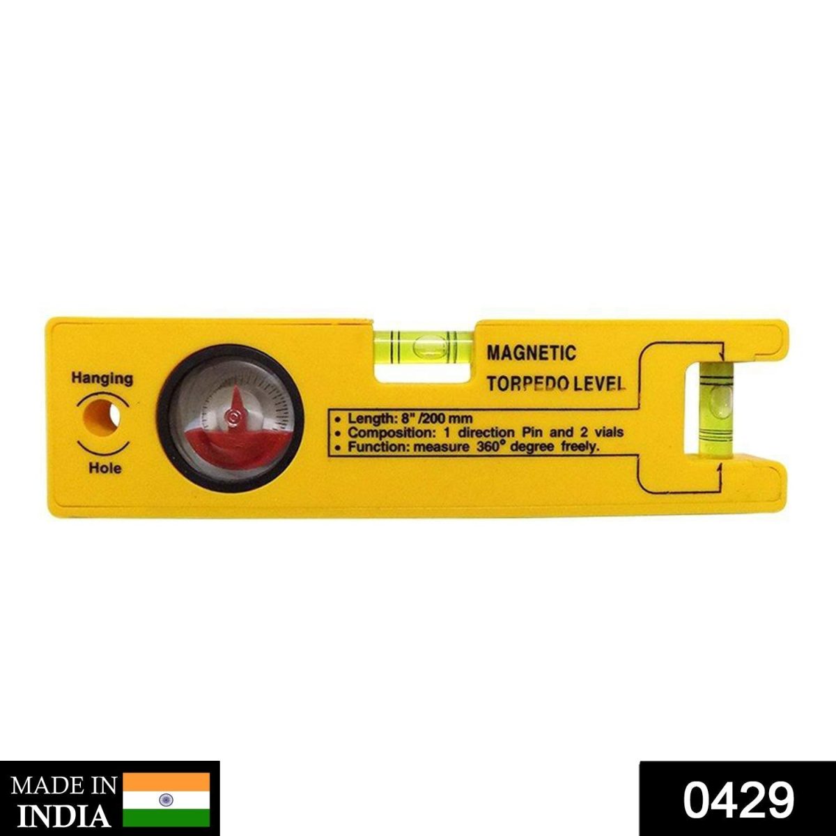 429 8-inch Magnetic Torpedo Level with 1 Direction Pin, 2 Vials and 360 Degree View