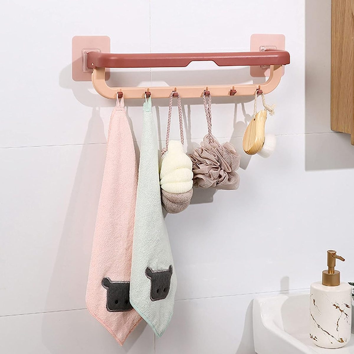 1515 Wall Mounted Double Bar Towel Holder with Hooks | Multifunctional Adjustable Towels Rack for Kitchen/Bathroom | Folding Towel Shelf