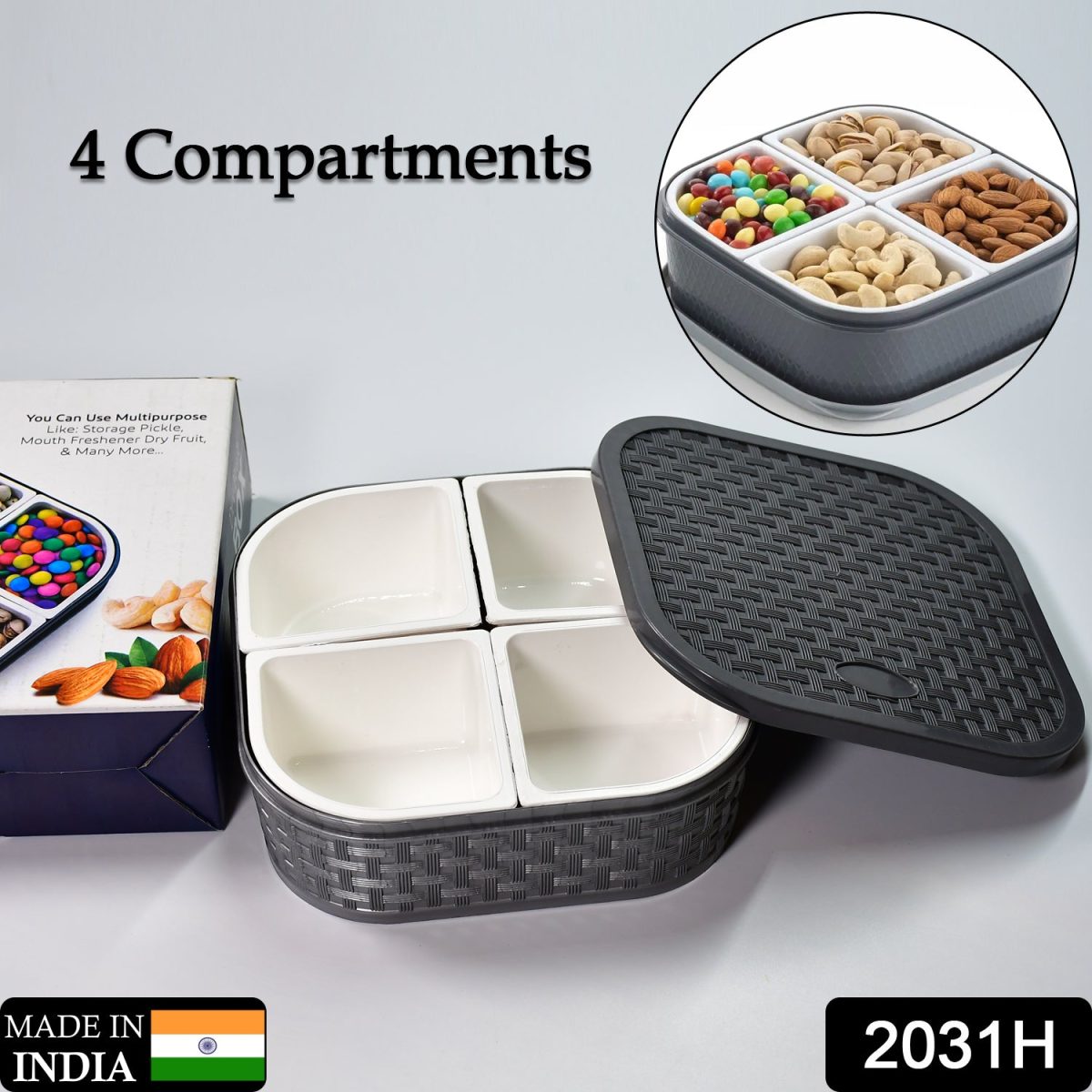 2031H Plastic 4 Sections Multipurpose Dry Fruit/ Chocolates/Mouth Freshener/Sweet Box Set | Serving Tray.