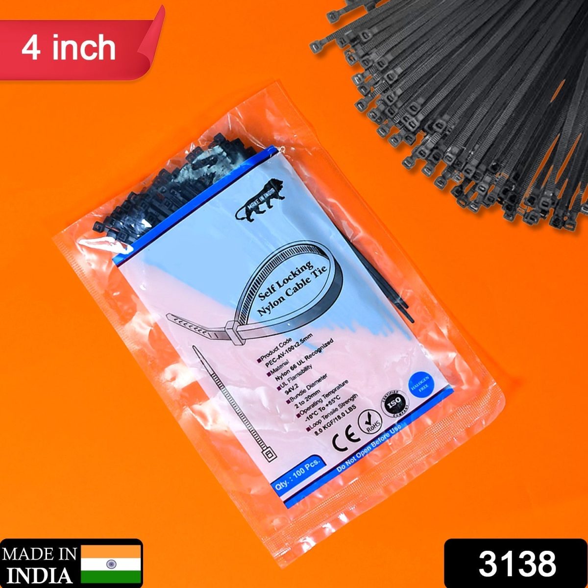 3138 4Inch Nylon Self Locking Cable Ties, Heavy Duty Strong Zip Wire Tie. Pack of 100pc - Black Amd-