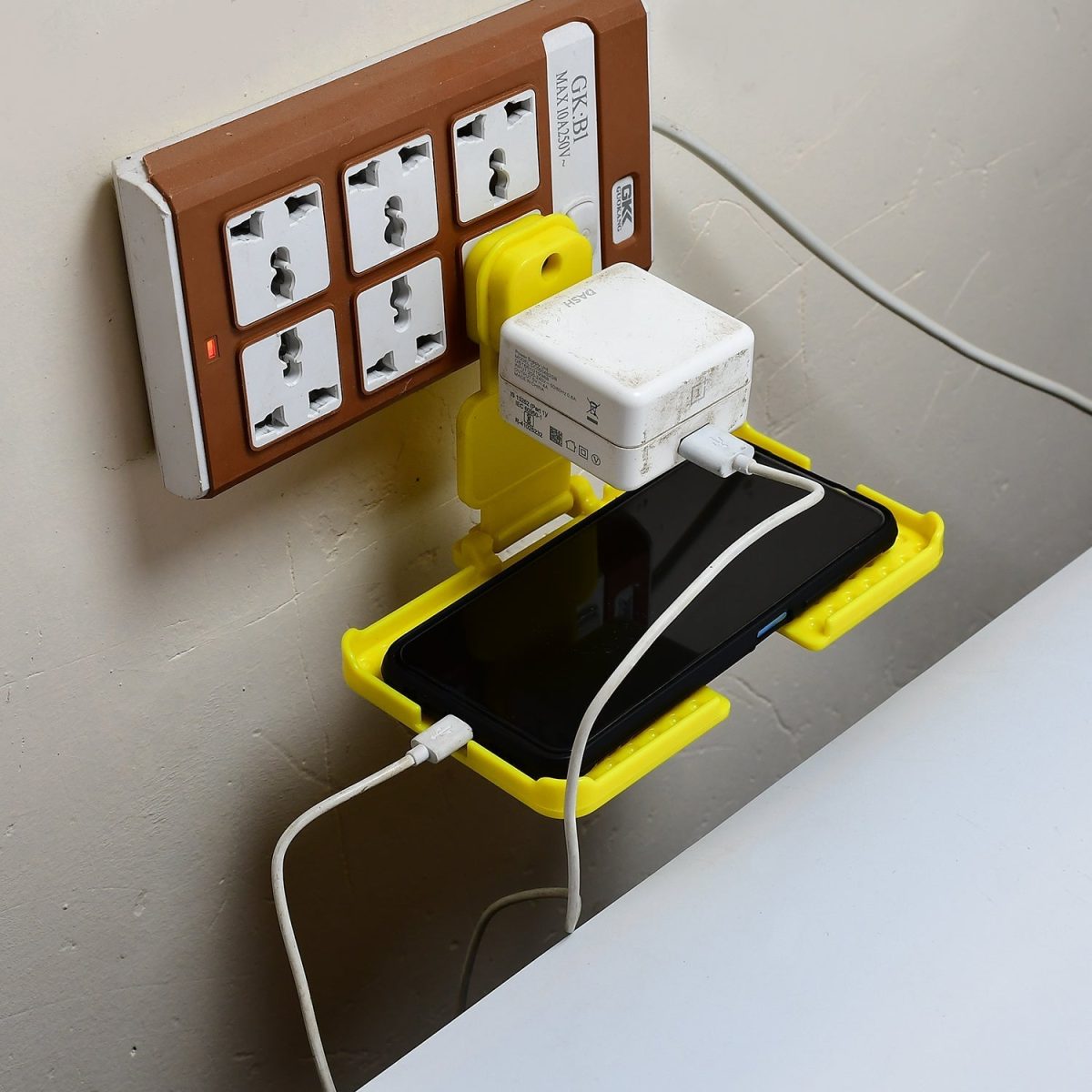 6496Y Multi-Purpose Wall Holder Stand for Charging Mobile Just Fit in Socket and Hang (Yellow)