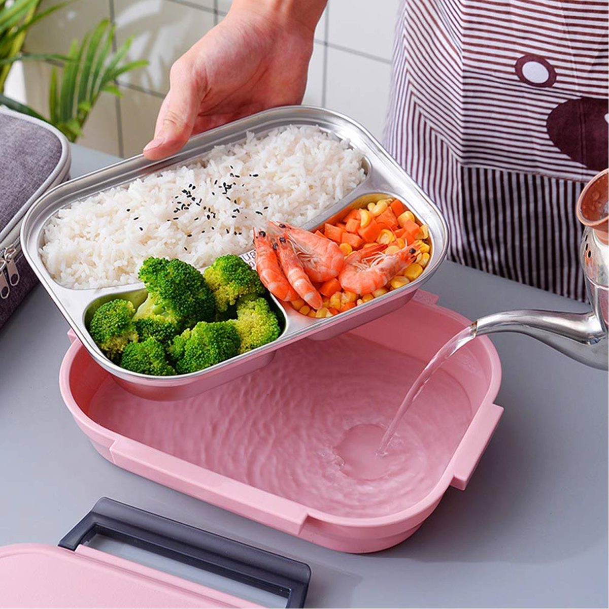 2041 Pink Lunch Box for Kids and adults, Stainless Steel Lunch Box with 3 Compartments With spoon slot.