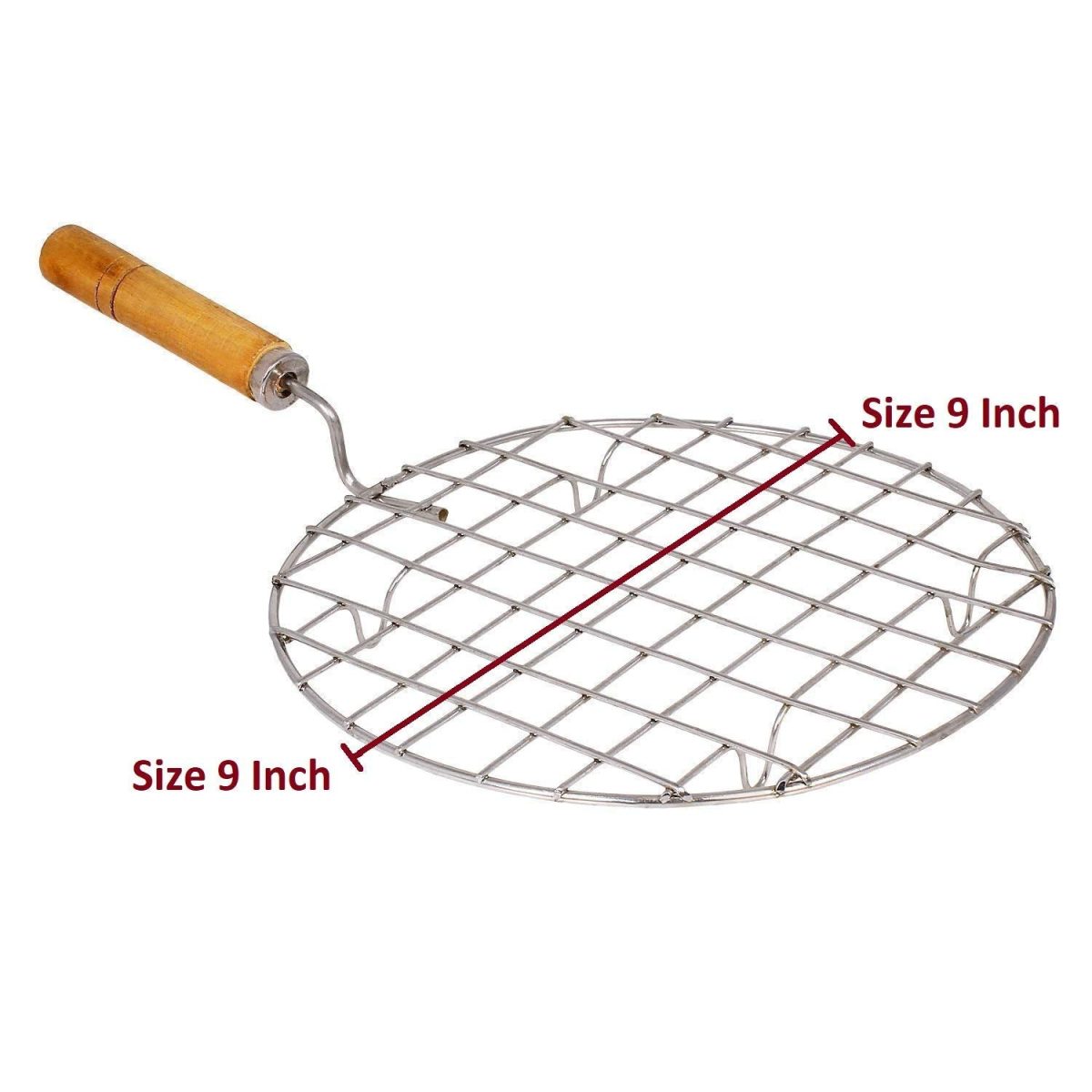 2085 Kitchen Round Stainless Steel Roaster Papad Jali, Barbecue Grill with Wooden Handle