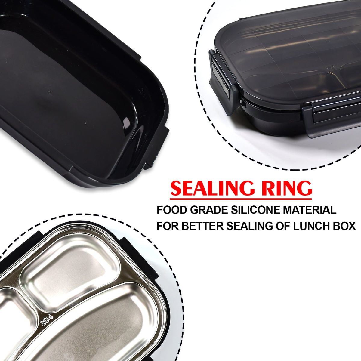 2976 Black Transparent Lunch Box for Kids and adults, Stainless Steel Lunch Box with 3 Compartments.