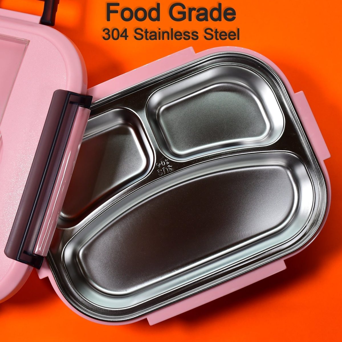 2041 Pink Lunch Box for Kids and adults, Stainless Steel Lunch Box with 3 Compartments With spoon slot.